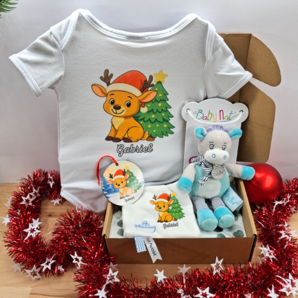 Coffret bébé personnalisé noël garçon - Body, boule noël et doudou
