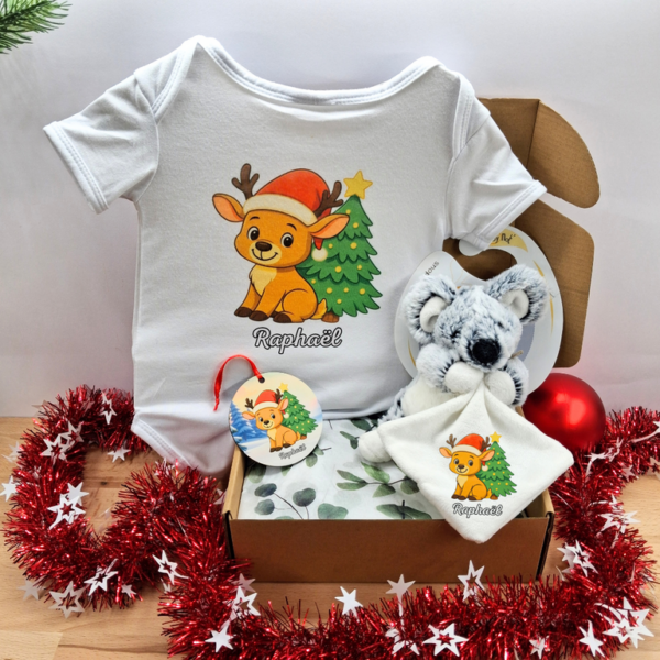 Coffret bébé personnalisé noël garçon - Body, boule noël et doudou