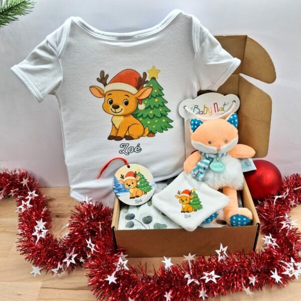 Coffret bébé personnalisé noël garçon - Body, boule noël et doudou