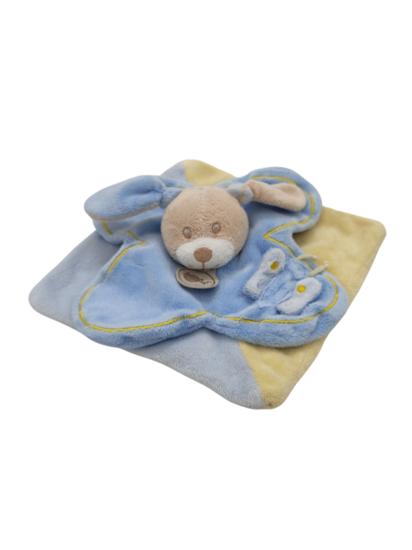 doudou-carre-chien-bleu-et-jaune-baby-nat-1.png Rémi le préféré des bébés - Doudou personnalisé