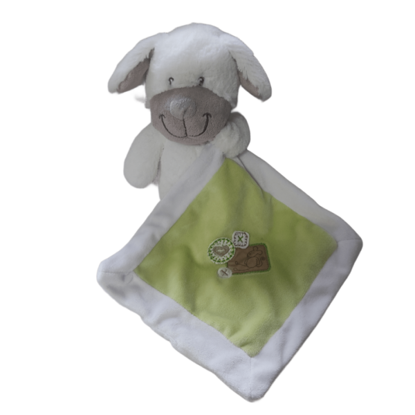 doudou-chien-blanc-et-vert-photo-3.png Moustache le chien espiègle – Doudou personnalisé