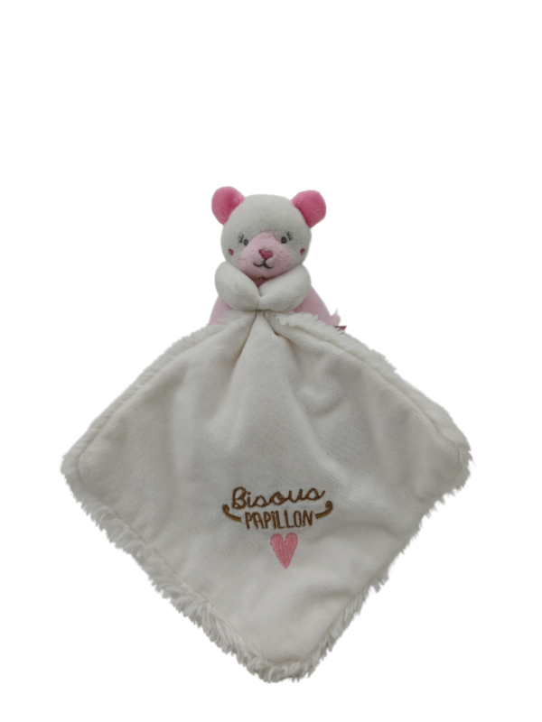 doudou-ours-blanc-mouchoir-bisous-papillon-doudou-et-compagnie-1.png Lulu, chat blanc et rose - Doudou personnalisé