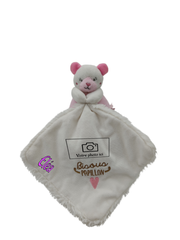 doudou-ours-blanc-mouchoir-bisous-papillon-doudou-et-compagnie.png Lulu, chat blanc et rose - Doudou personnalisé