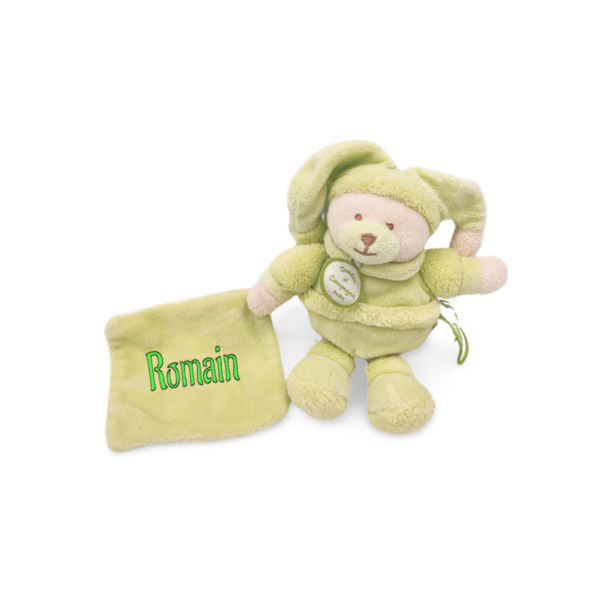 doudou-ours-vert-mouchoir.png Mika, le petit ours vert - Doudou personnalisé