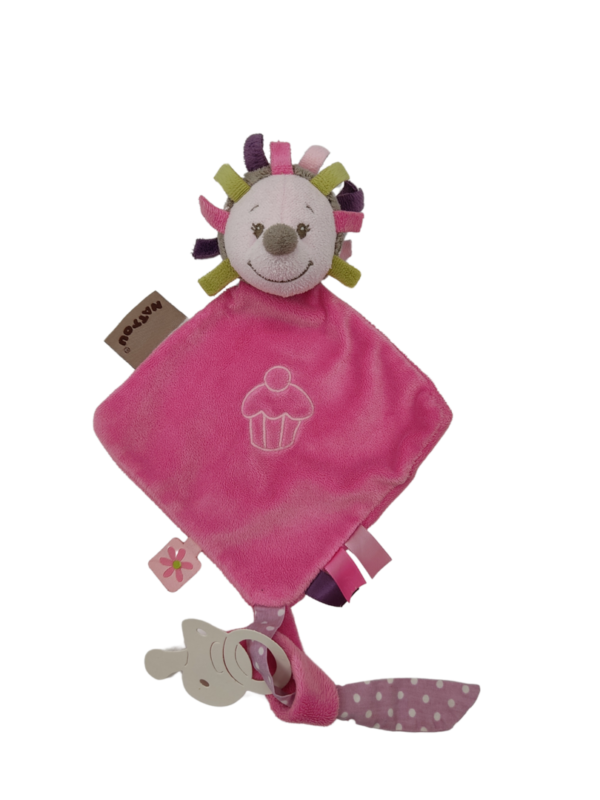 doudou-rose-herisson-attache-tetine-nattou.png Elodie le hérisson rieuse - Doudou personnalisé