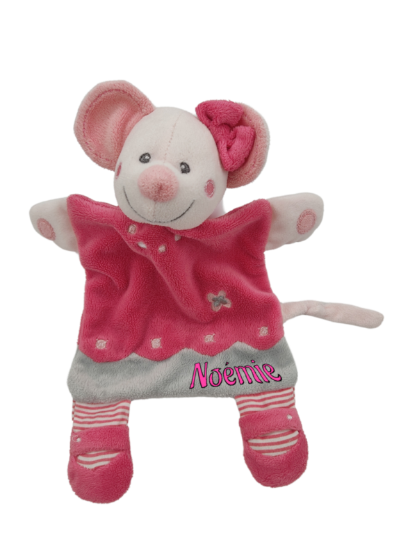 doudou-souris-plate-rose-noeud.png Poucinette souris rose - Doudou personnalisé