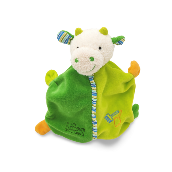 doudou-vache-verte-plate.png Vicky la vache rigolote - Doudou personnalisé