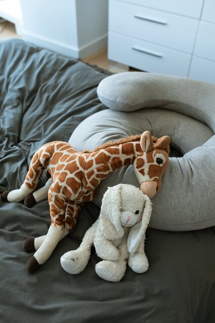 Peluche Girafe Marron Et Blanche Sur Canapé Gris